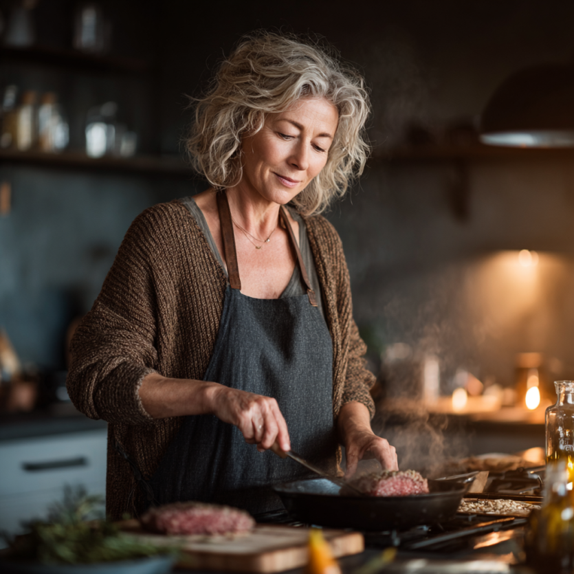 Літня жінка готує здорову їжу
